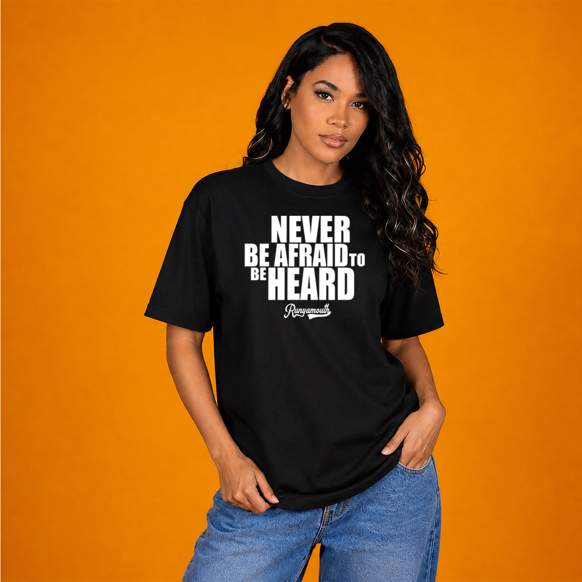 NEVER BE AFRAID TO BE HEARD TEE (BLACK/WHITE)